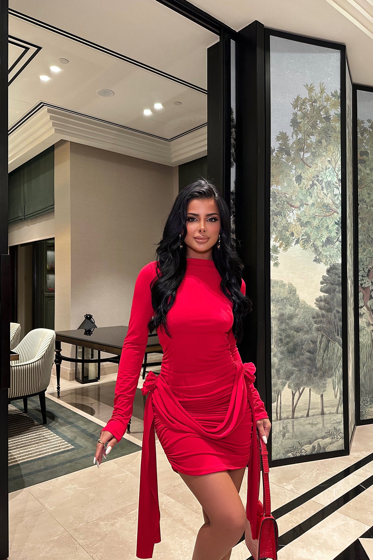 Ruffled dress long sleeve red
