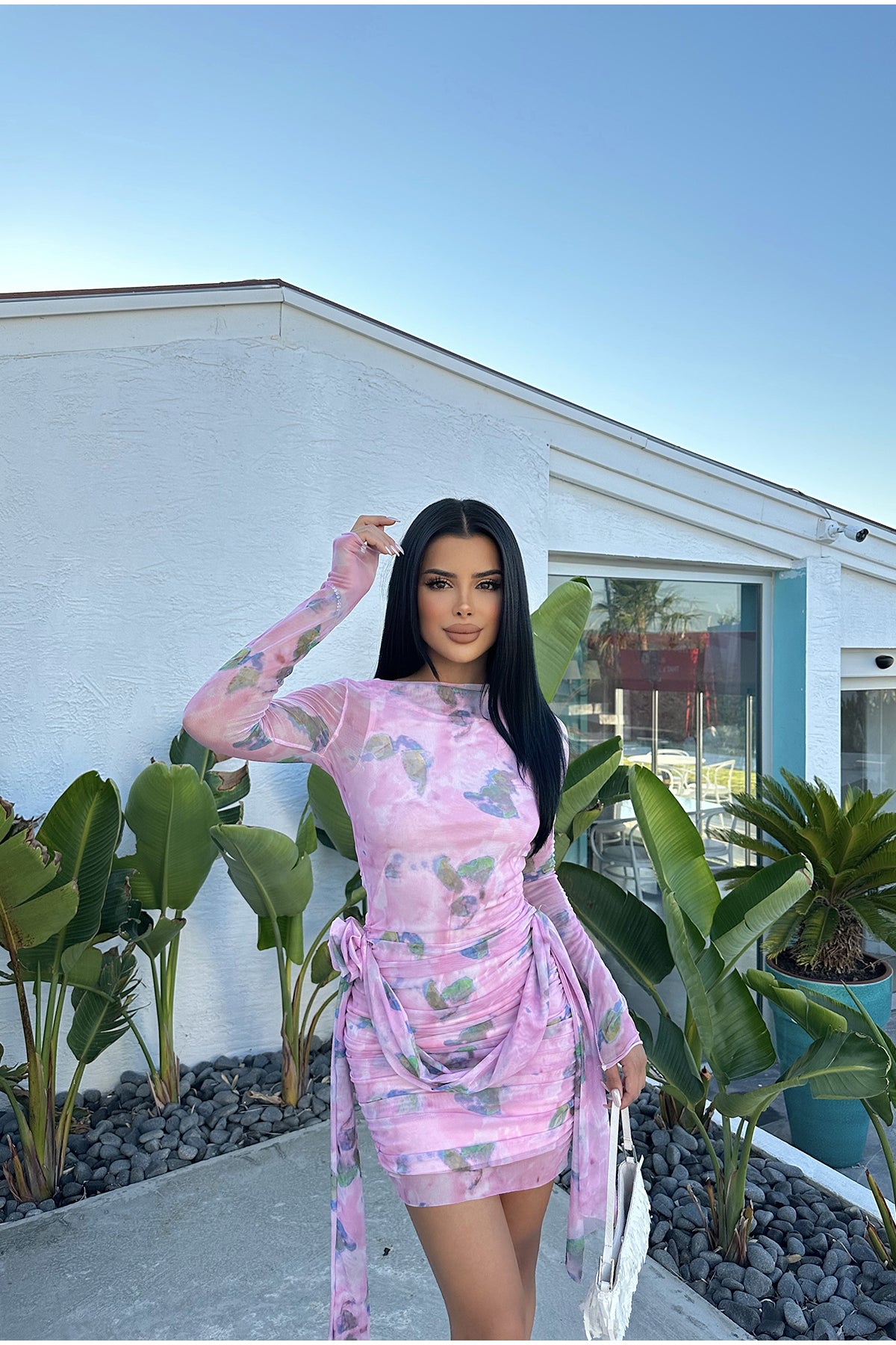 Ruffled dress floral print pink