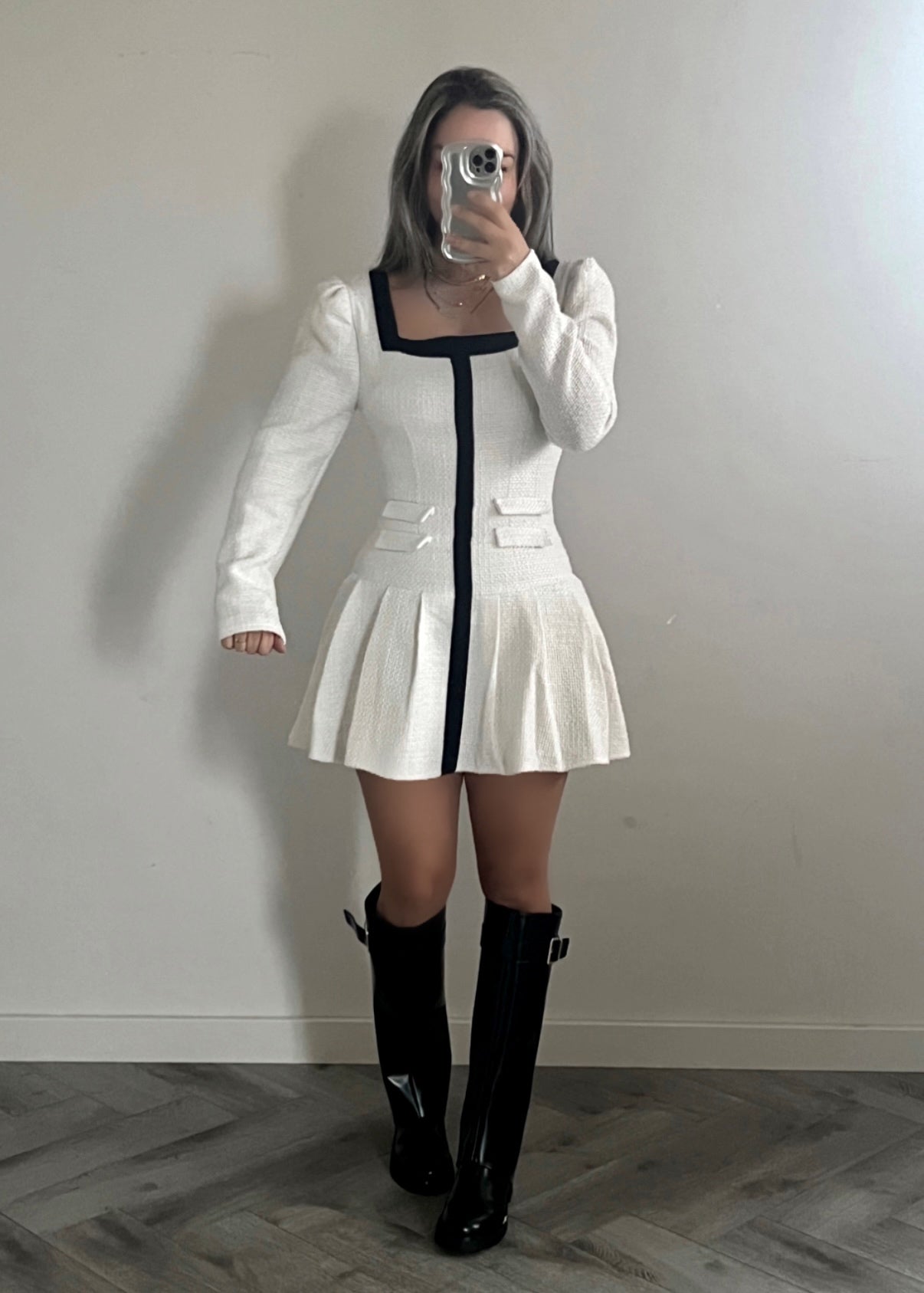 Tweed U-neckline mini dress White