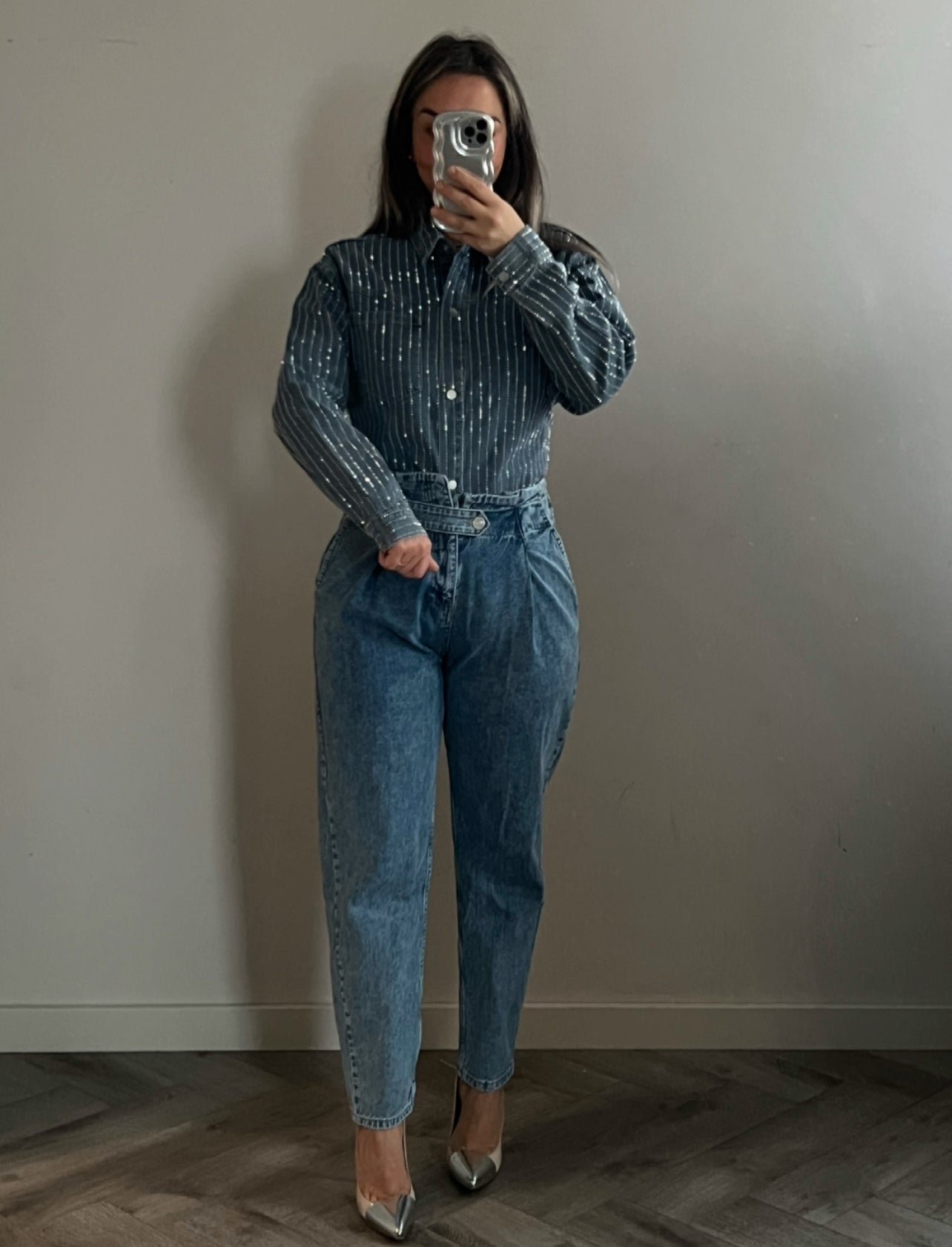 Denim overshirt with rhinestones