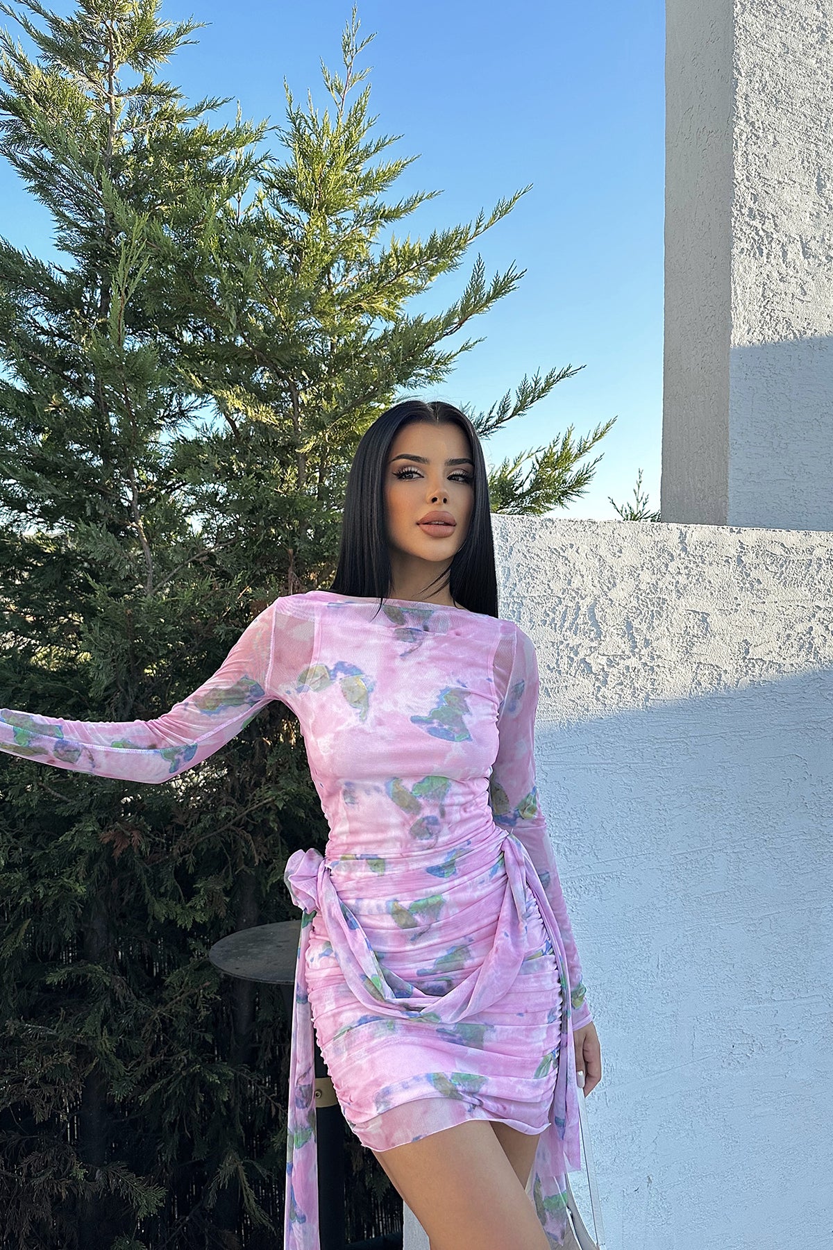 Ruffled dress floral print pink