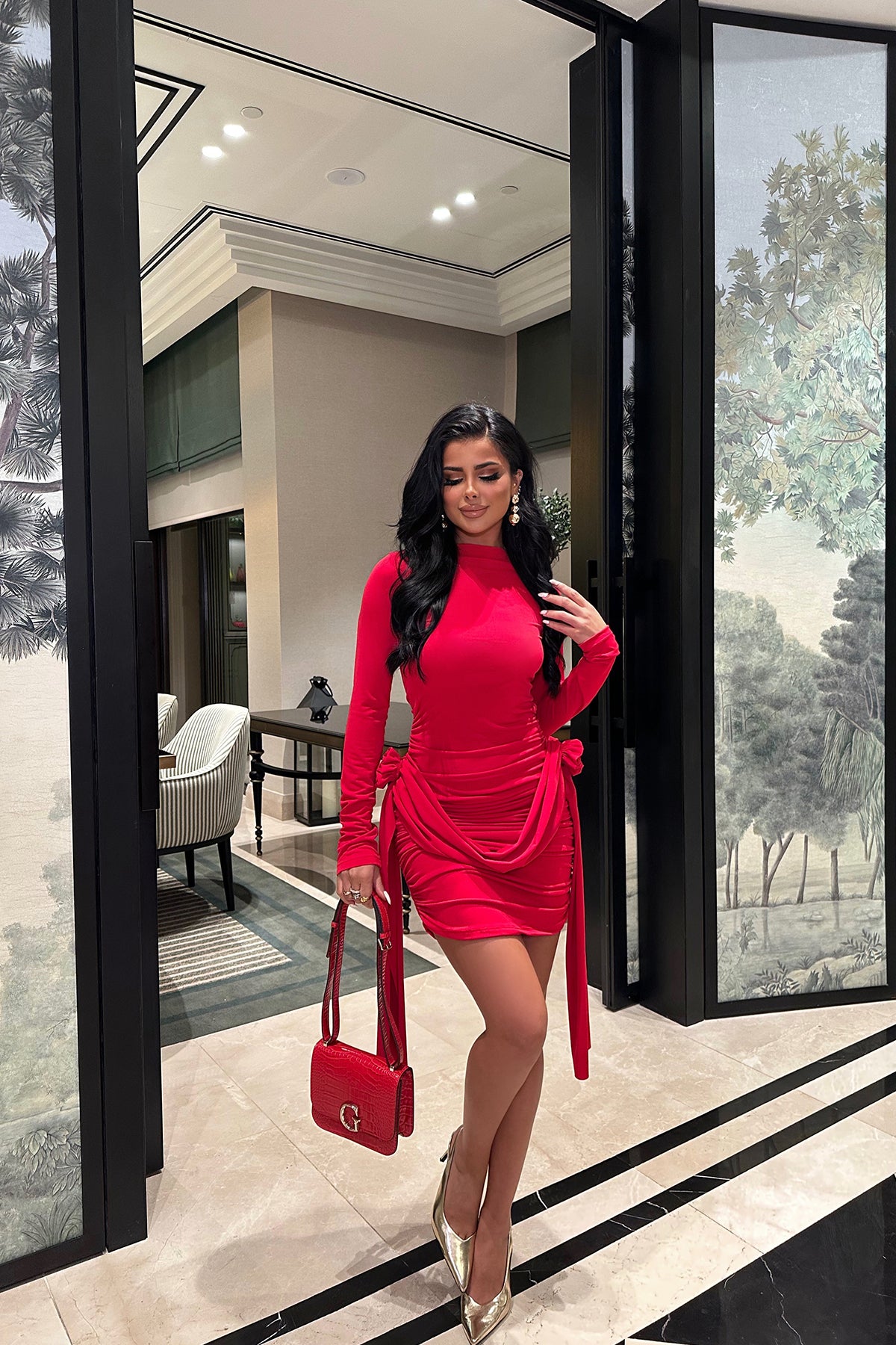 Ruffled dress long sleeve red