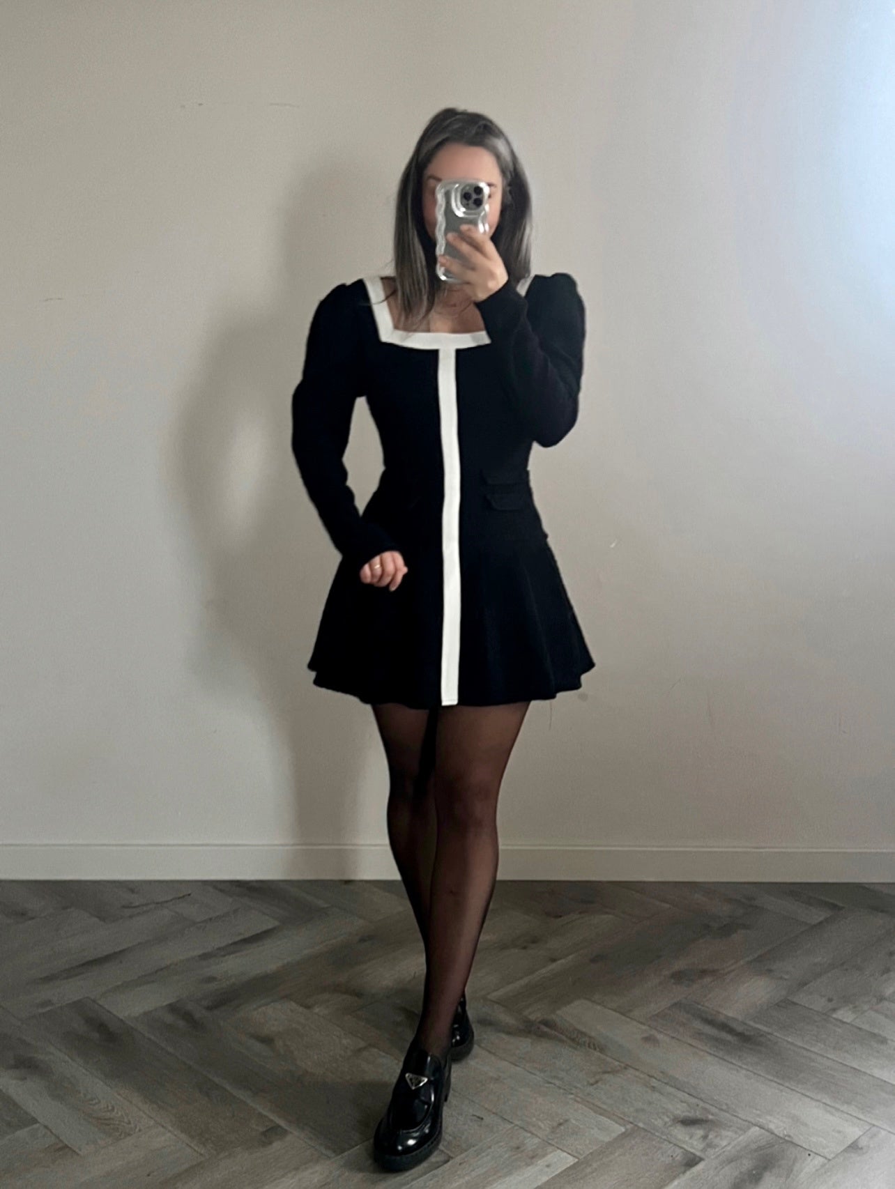Tweed U-neckline mini dress Black