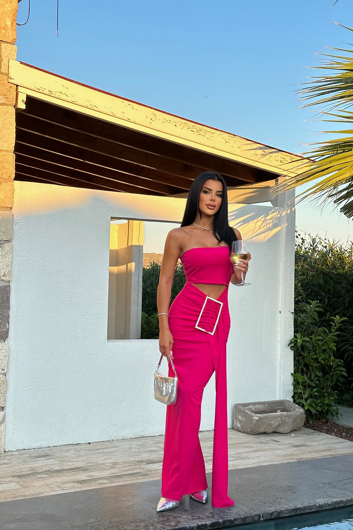 Dress with stone detail fushia
