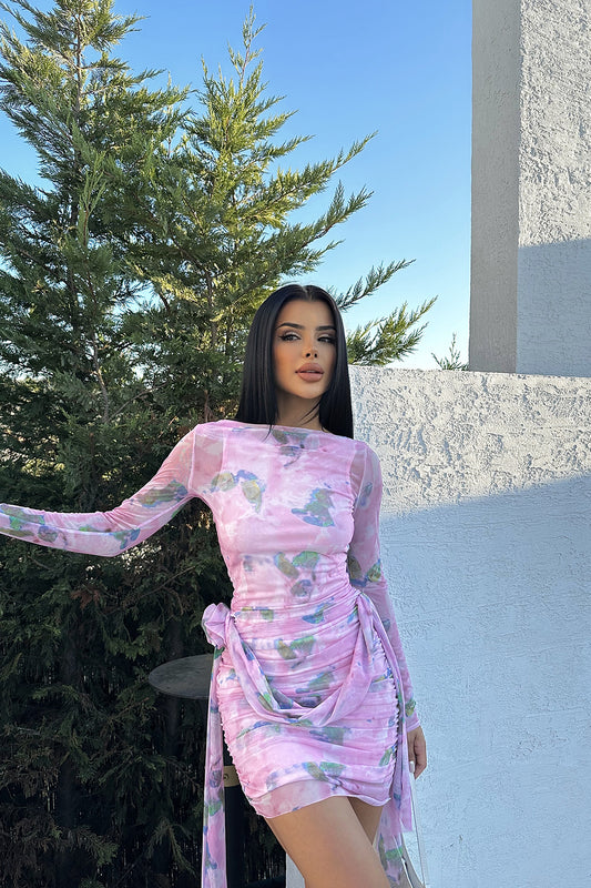 Ruffled dress floral print pink