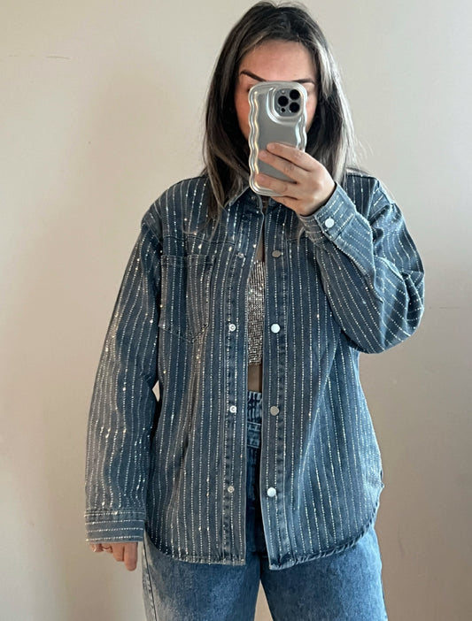 Denim overshirt with rhinestones